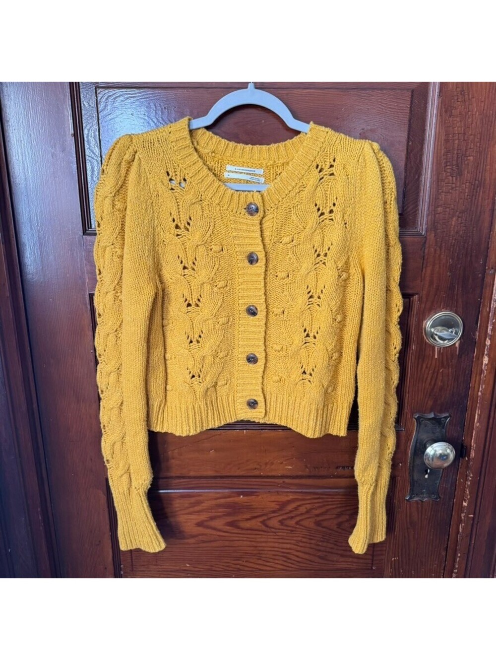 Anthropologie Mustard Yellow Cable Knit Puff-sleeve Cardigan Size xsmall
